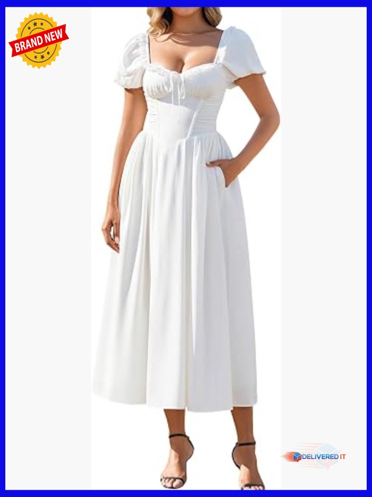 Floral Corset Midi Dress Lace Up Puff Sleeve A-Line With Pockets
